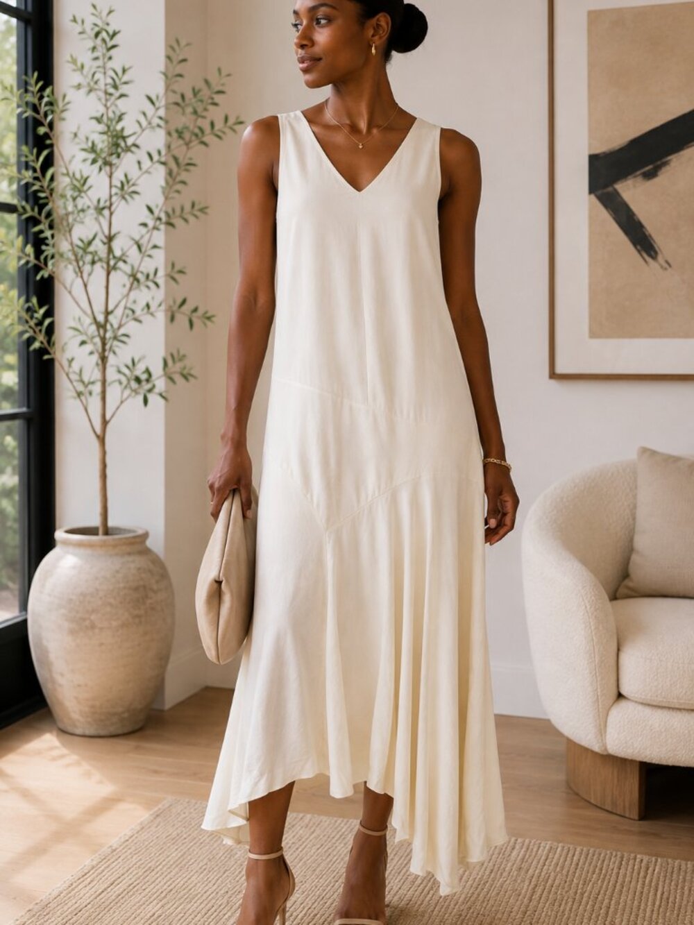 NWT Theory Ivory Asymmetrical Seam Midi Dress Size 12 $365